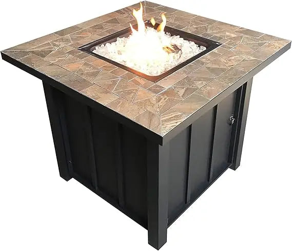 Outdoor Patio 40,000 BTU 30x30 Inch Square Tile Table Top Propane Fire Pit and Fire Glass