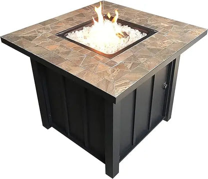 Outdoor Patio 40,000 BTU 30x30 Inch Square Tile Table Top Propane Fire Pit and Fire Glass