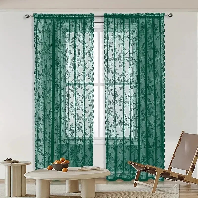 2pcs elegant solid-color curtains with wave lace trim. Holiday home decor.