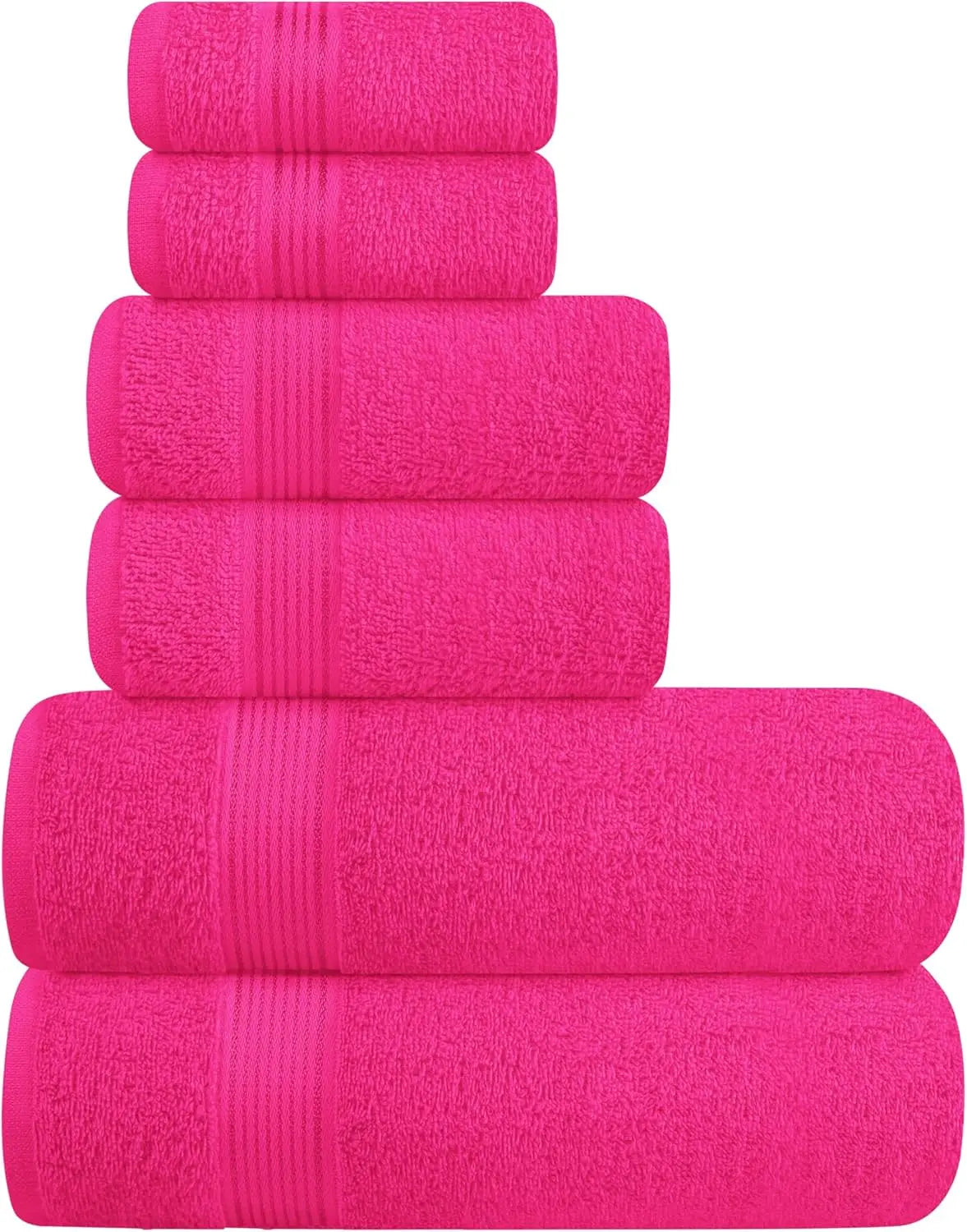 Ultra Soft 6 Pack Cotton Towel Set: 2 Bath, 2 Hand, 2 Wash Cloths - Hot Pink, Compact & Lightweight