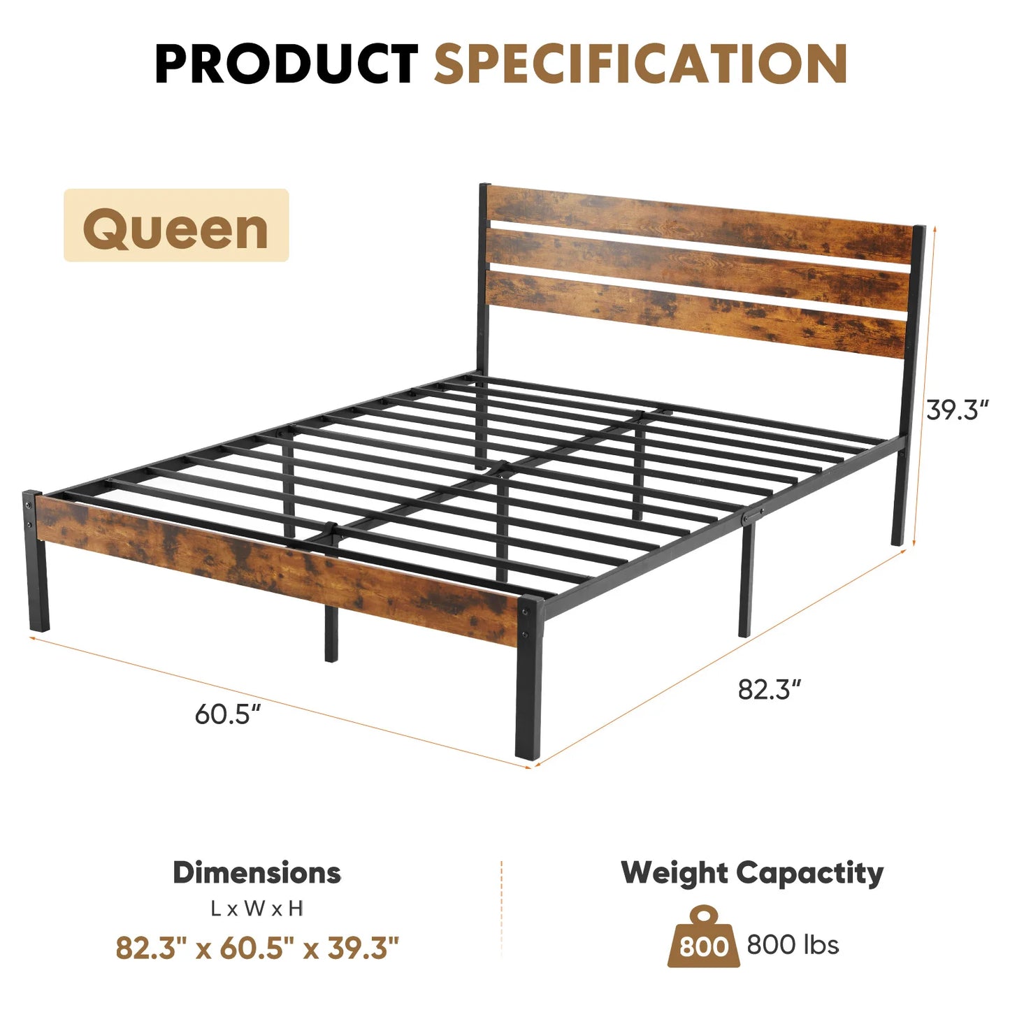 Queen Size Metal Platform Bed Frame with Headboard and Footboard