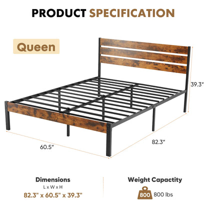 Queen Size Metal Platform Bed Frame with Headboard and Footboard