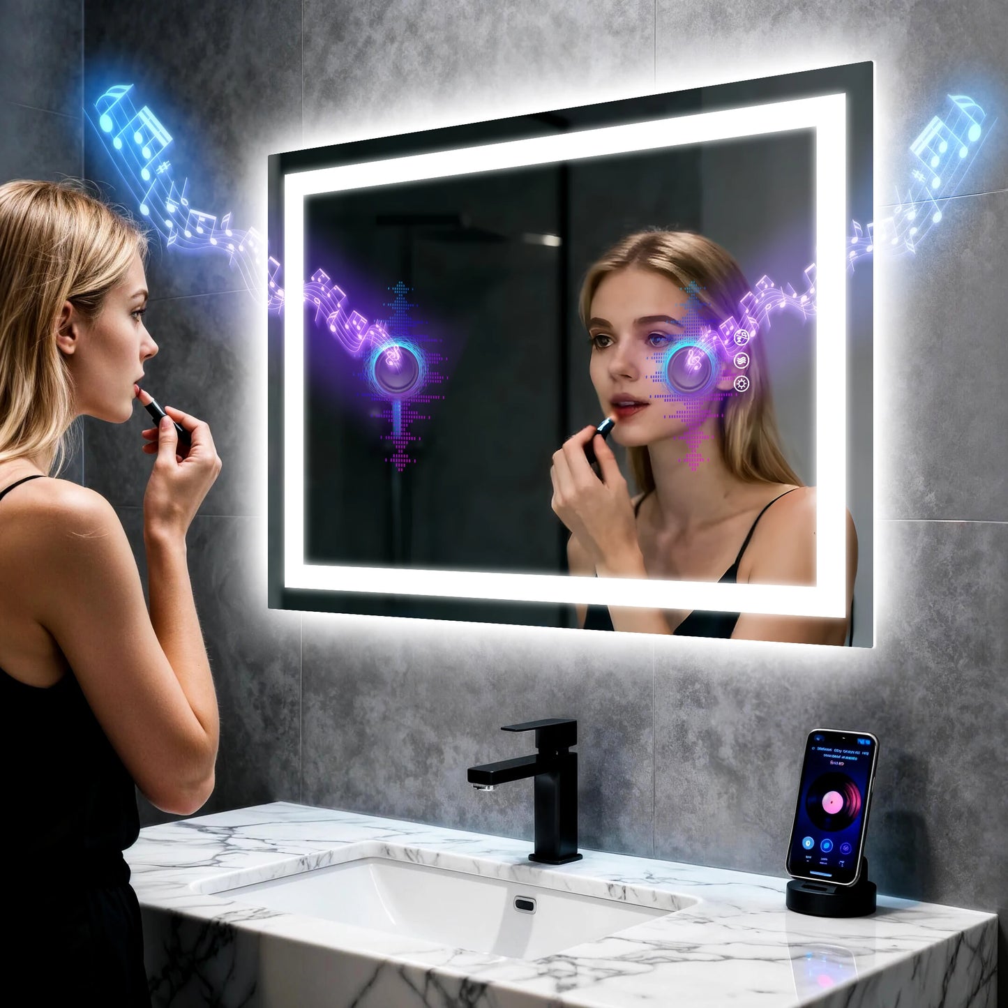 LED Bathroom Mirror Tempered Glass Mirror with Bluetooth, 3 Colors Dimmable