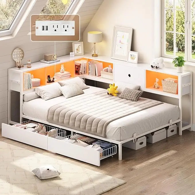 Full Corner Bed Frame w/ Storage Drawers, LED Lights, Charging Station