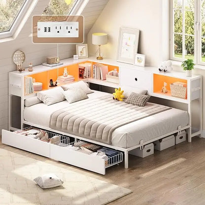 Full Corner Bed Frame w/ Storage Drawers, LED Lights, Charging Station