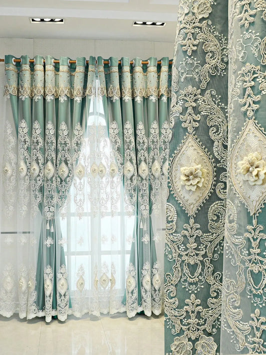 Luxury Vintage-Style Embroidered Curtain 3D Relief Dual-Layer Design for Privacy