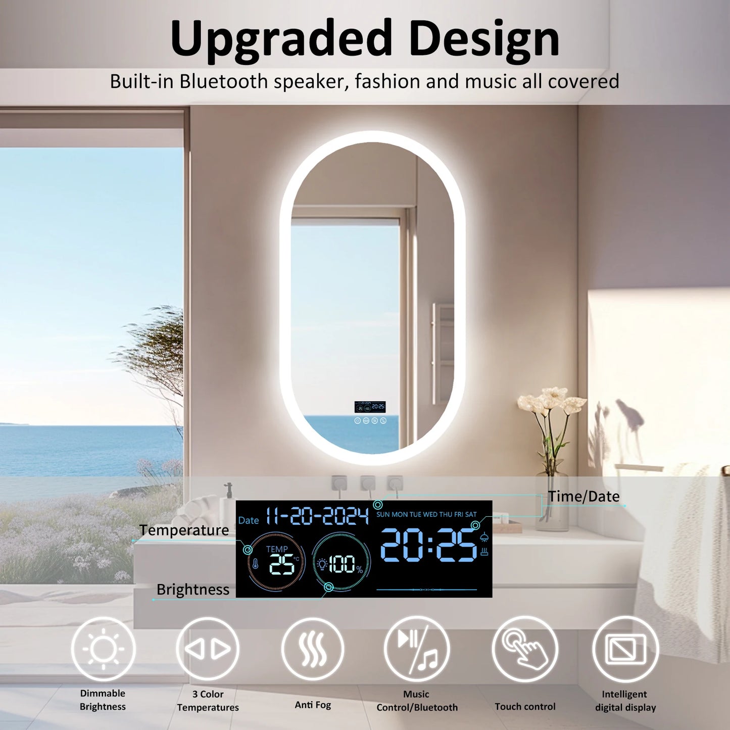 LED Lighted Bluetooth Bathroom Mirror with Time Date Display Anti-fog