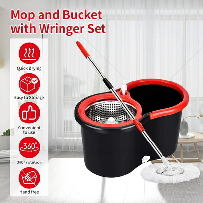 Heavy‑Duty Spin Mop & Bucket System w/ Adjustable Handle & 3 Mop Heads