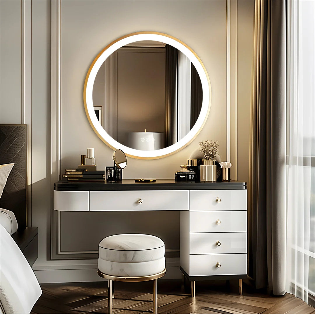 24 Inch Gold Frame Round Bathroom Mirror with 3 Color Dimmable Lights