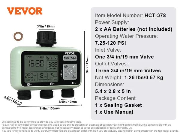 3 Outlets Hose-3 Independent Watering Zones- Watering Sprinkler Timer