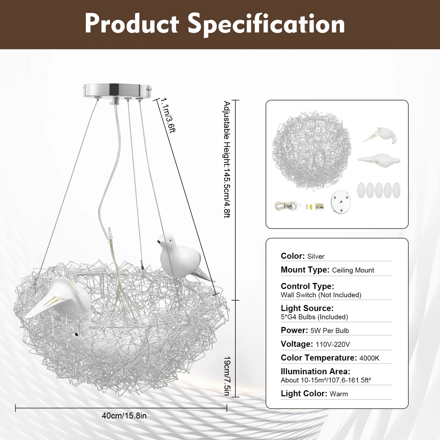 Modern Bird Nest Chandelier 5-Light, Adjustable Height Dimmable
