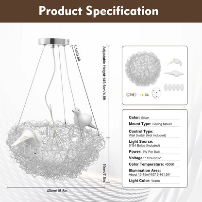 Modern Bird Nest Chandelier 5-Light, Adjustable Height Dimmable