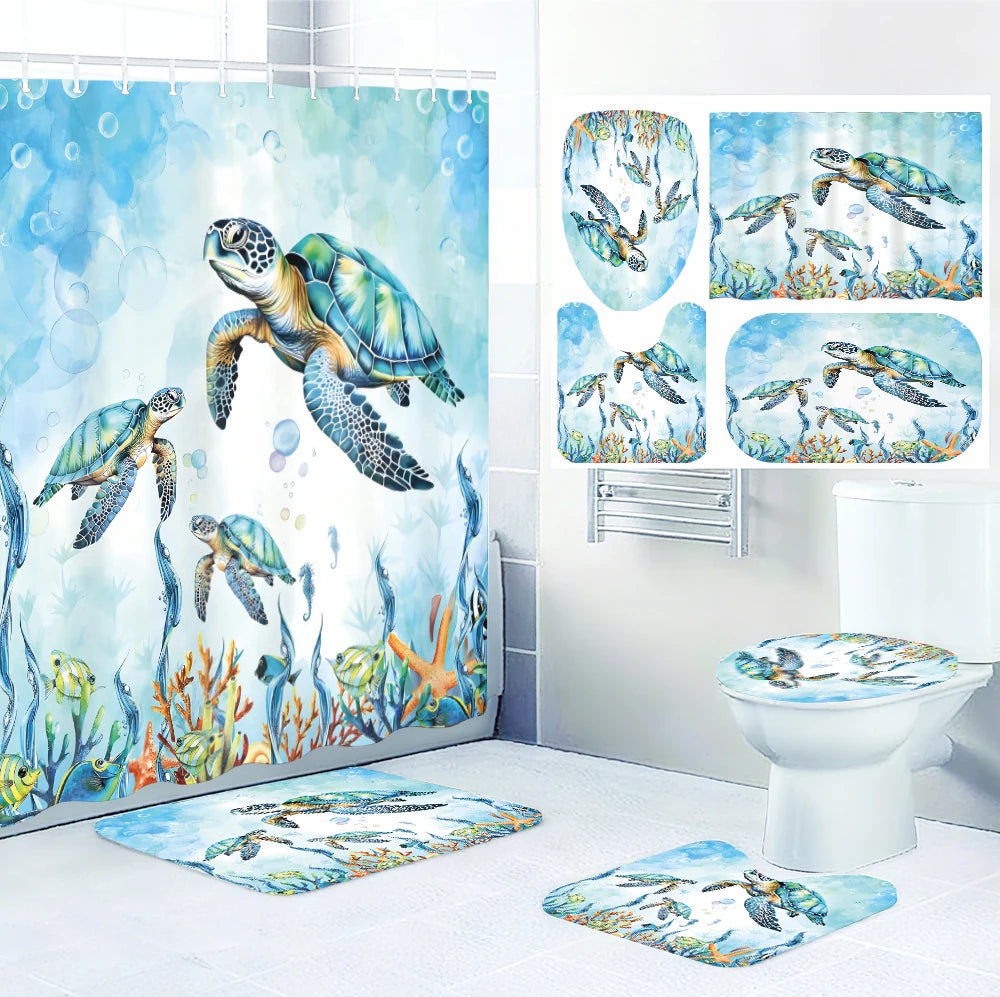 Turtle Bathroom Four-piece Set - Avant-garde Waterproof Shower Curtain