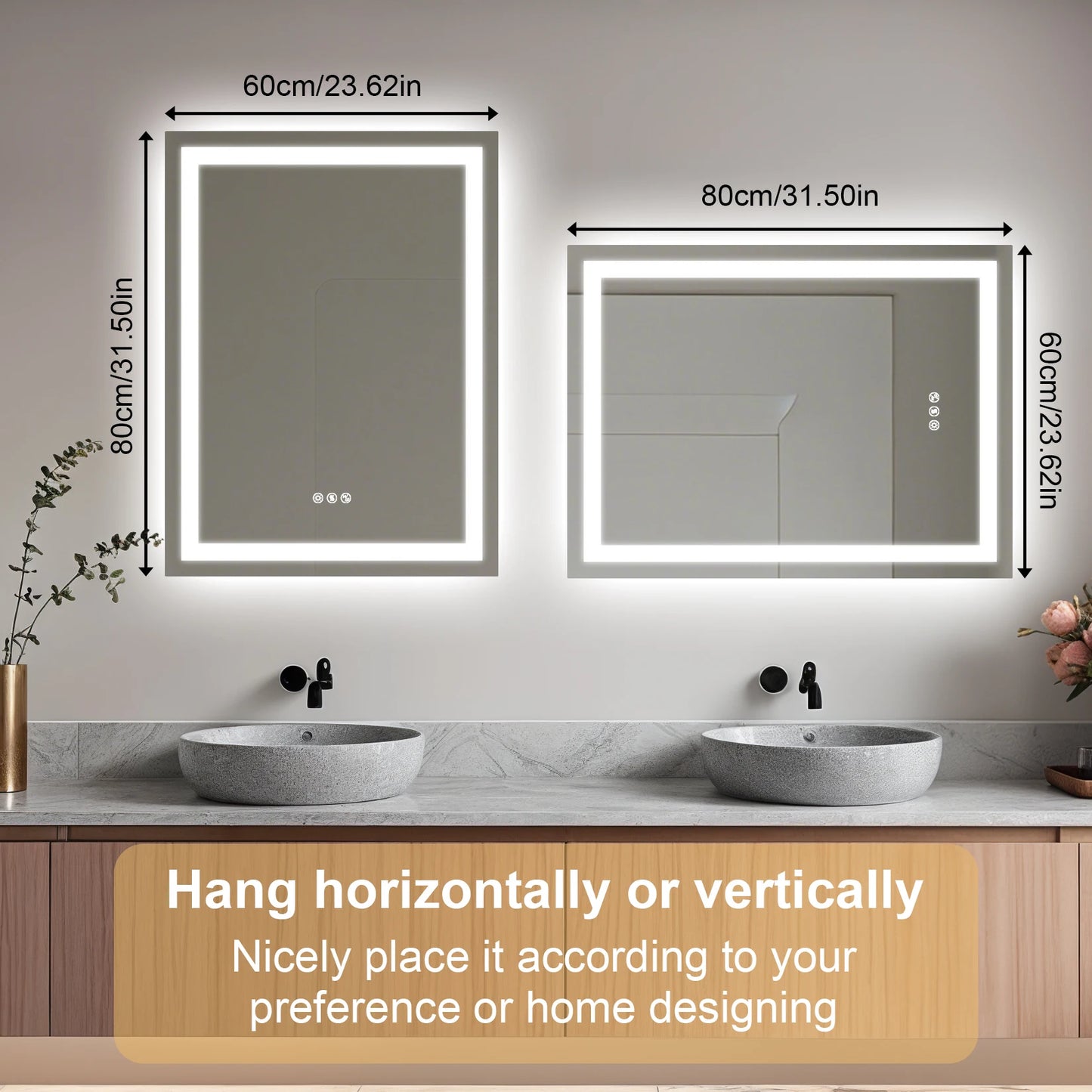 LED Bathroom Mirror Tempered Glass Mirror with Bluetooth, 3 Colors Dimmable