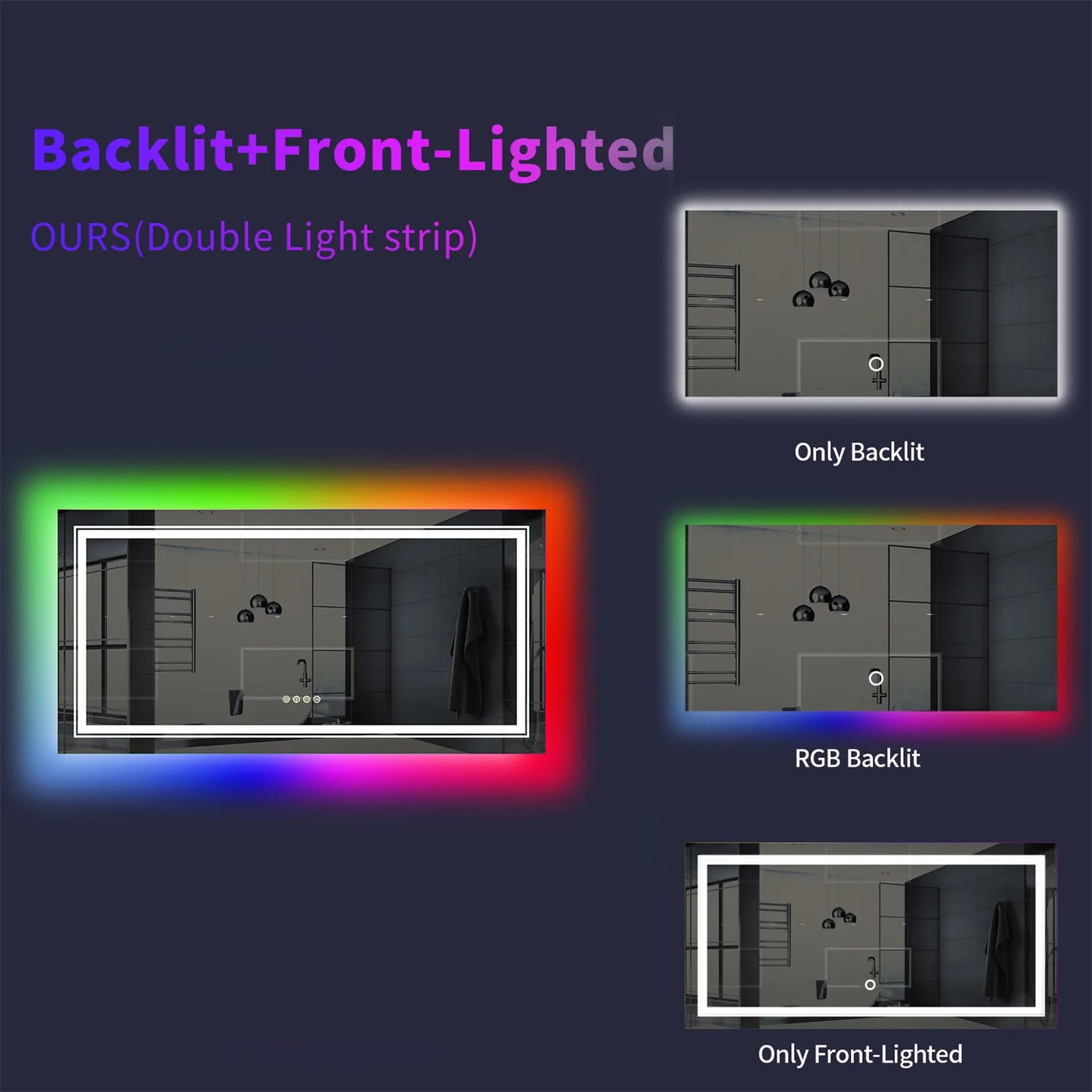 LED Vanity Mirror RGB Color Changing, Backlit, Shatterproof, Dimmable, Anti-Fog
