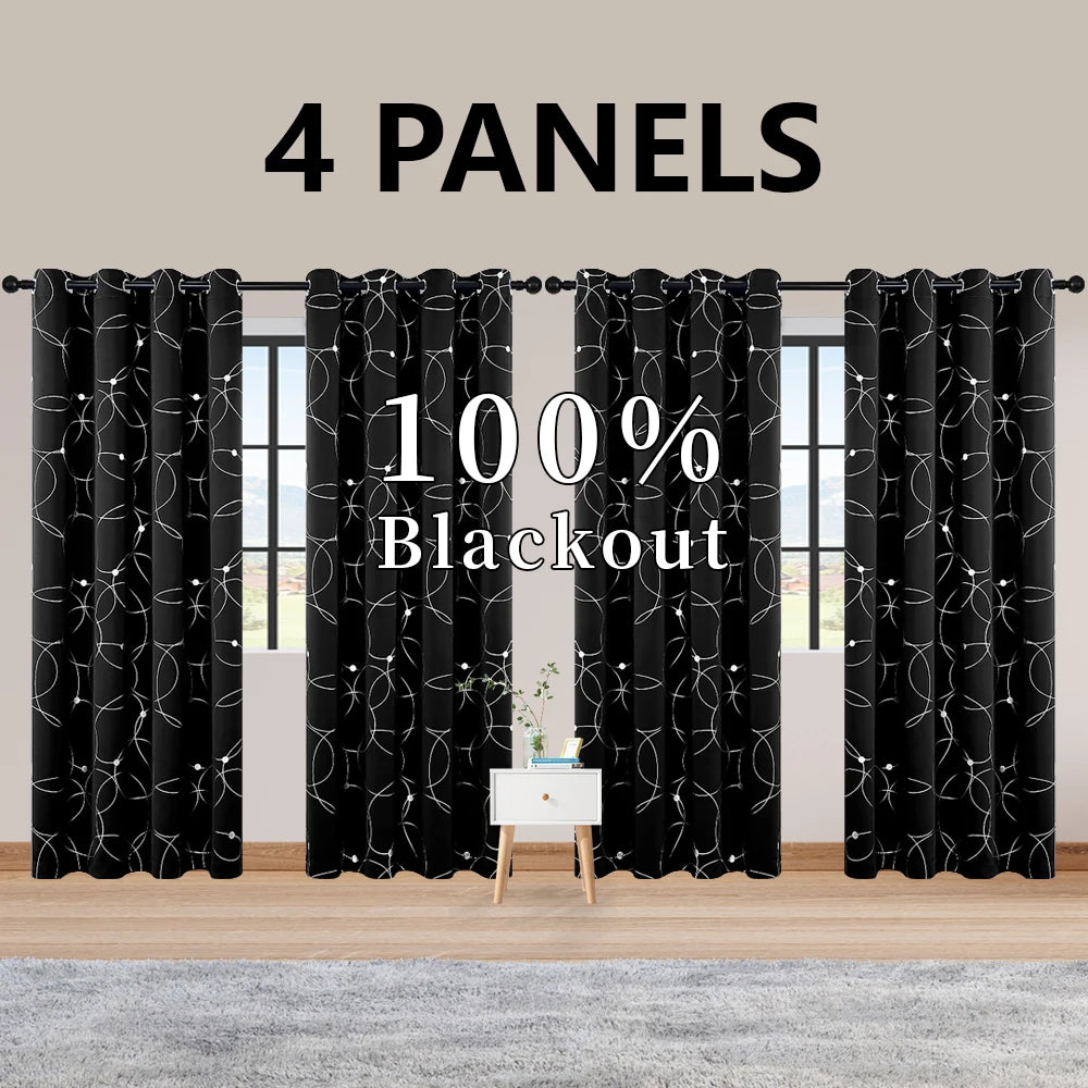 4PCS Blackout Curtains with Grommets Thermal Insulated Circle And Dots Foil Printed