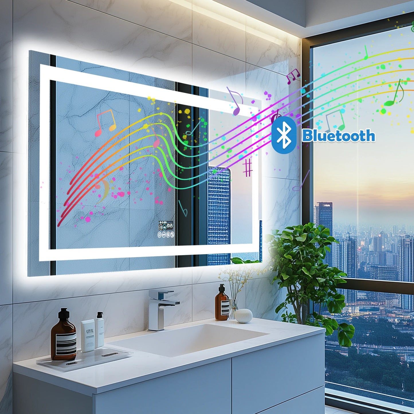 LED Bathroom Mirror with Lights, Dimmable, Smart Bluetooth Digital Display 3 Colors Memory