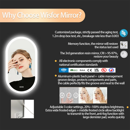 Oval LED Bathroom Mirror, 3 Colors Dimmable, Anti-Fog, 32 x 20 in