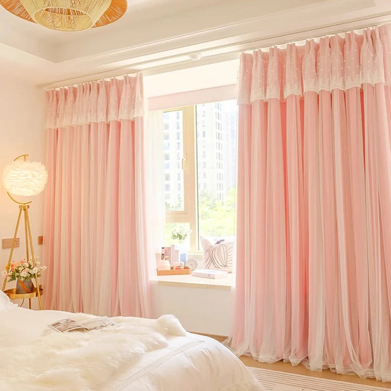 2pcs girls double princess style French pink curtain, Hooks