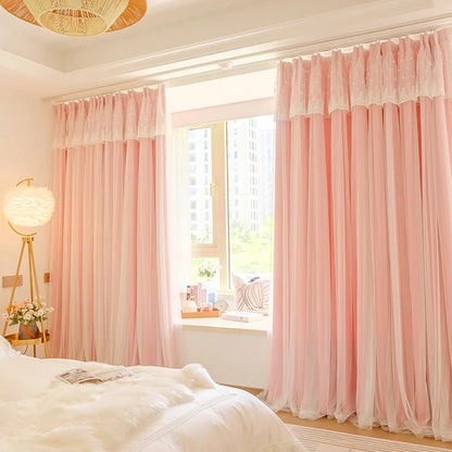 2pcs girls double princess style French pink curtain, Hooks