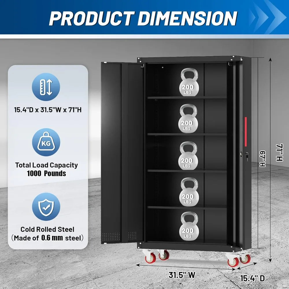 71" Black Locking Metal Storage Cabinet with Wheels, Adjustable Shelves