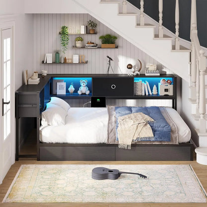 Full Corner Bed Frame w/ Storage Drawers, LED Lights, Charging Station