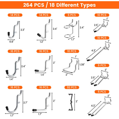 264pcs/set Peg Board Hooks Assortment for 1/4in Pegboard