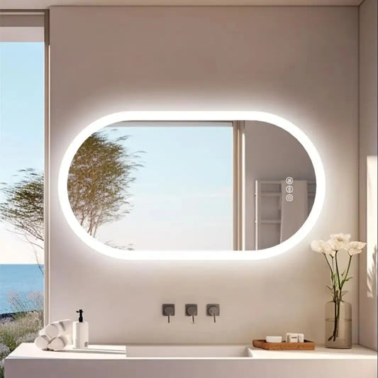 Dimmable 3 Colors Light Smart Anti Fog Oval LED Bathroom Mirror Plug/Hardwire Install