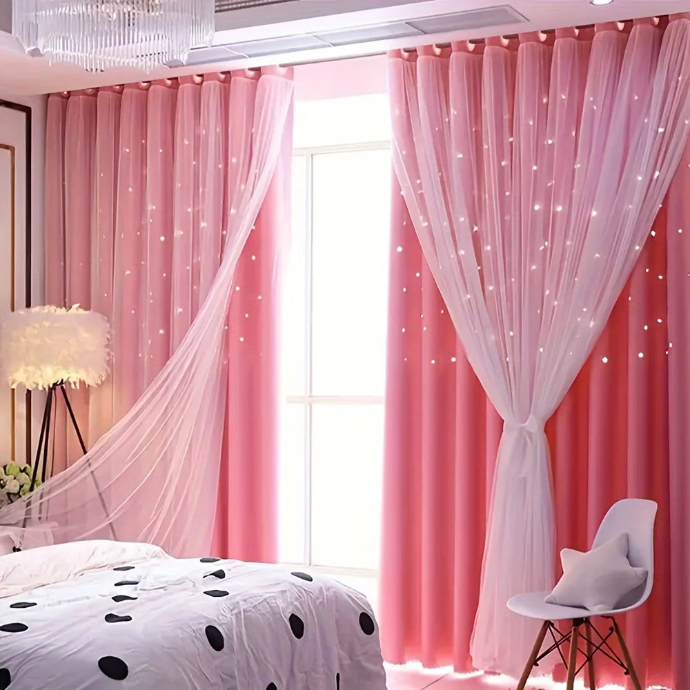 Blackout Blue Romantic Sheer Double-Layer Girls Curtains Princess Design
