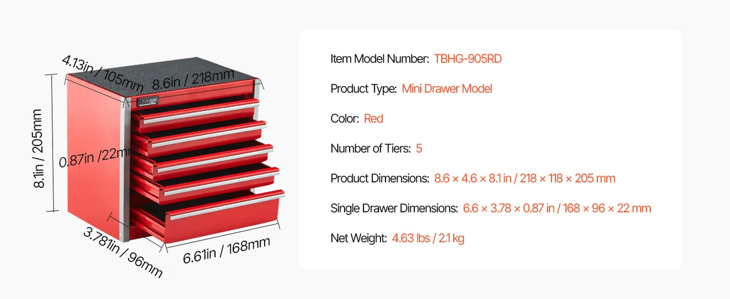 5-Drawer 8.6in Red/Black Metal Portable Small Tool Chest