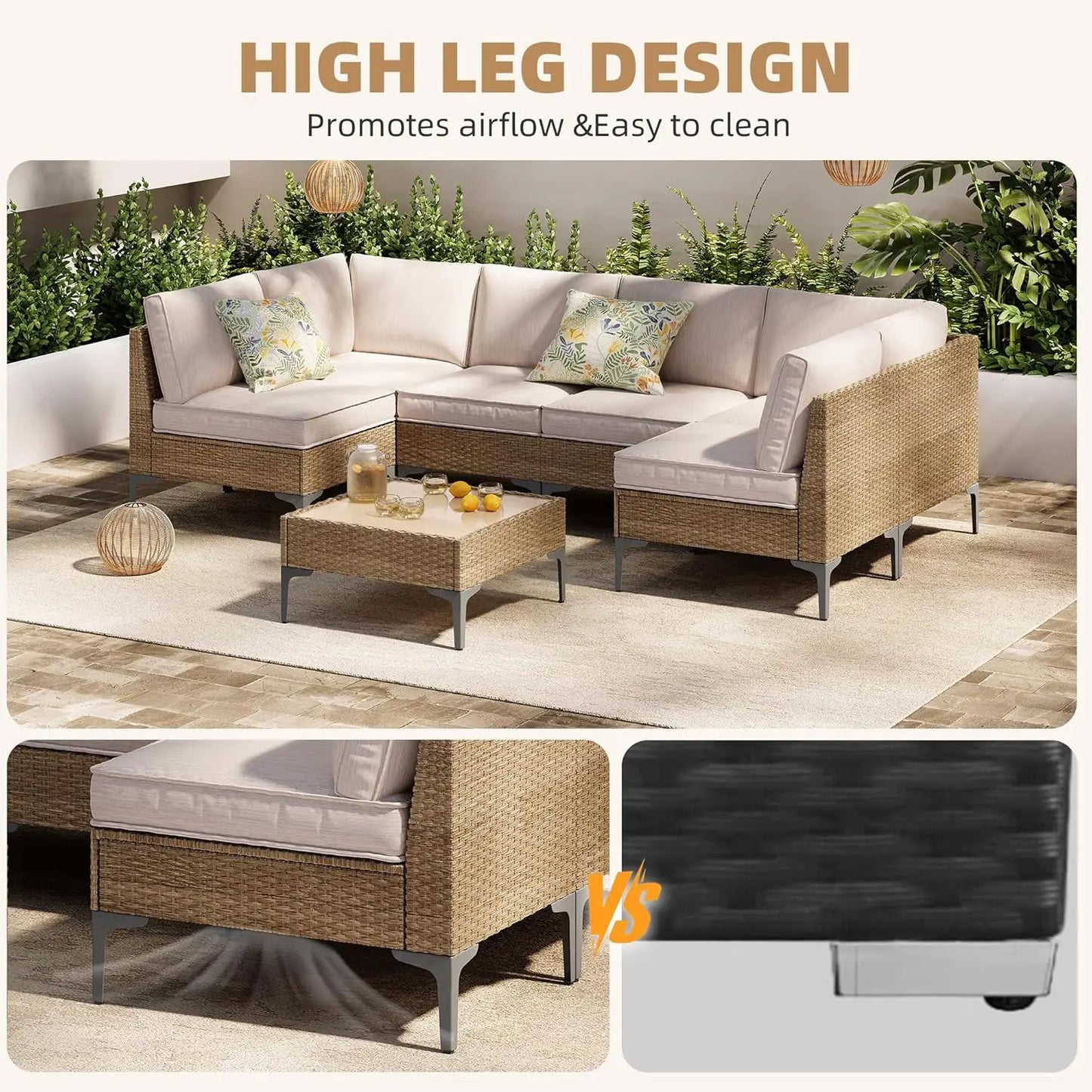 7-Piece Patio Furniture Set, Outdoor Wicker Sectional Sofa with Coffee Table