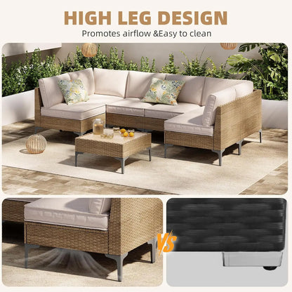7-Piece Patio Furniture Set, Outdoor Wicker Sectional Sofa with Coffee Table