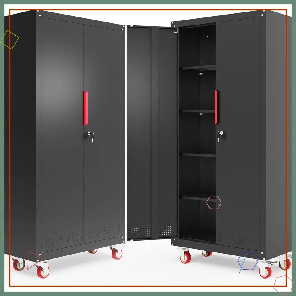 71" Black Locking Metal Storage Cabinet with Wheels, Adjustable Shelves