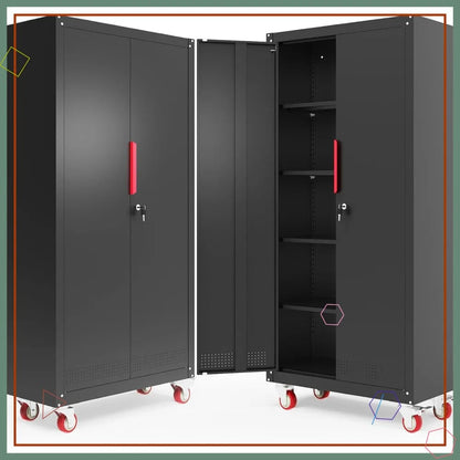 71" Black Locking Metal Storage Cabinet with Wheels, Adjustable Shelves