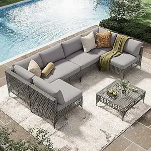 7 Piece Outdoor Patio Furniture Set, PE Rattan Outdoor Wicker Sectional Furniture