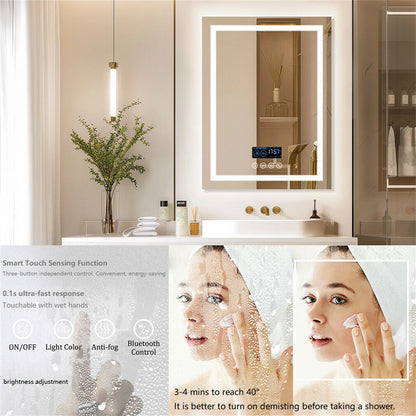 Smart LED Bathroom Mirror Rectangle Wall Mount Mirror w Bluetooth Speaker,Time,Temperature
