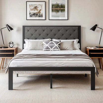 Metal Bed Frame with Upholstered Finely Stitched Headboard, No Box Spring Needed