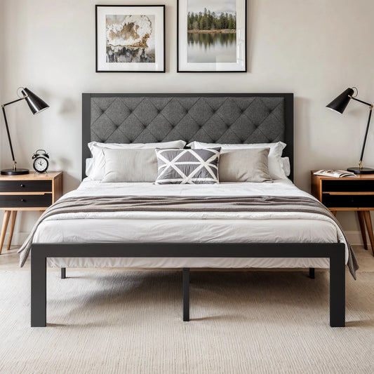 Metal Bed Frame with Upholstered Finely Stitched Headboard, No Box Spring Needed