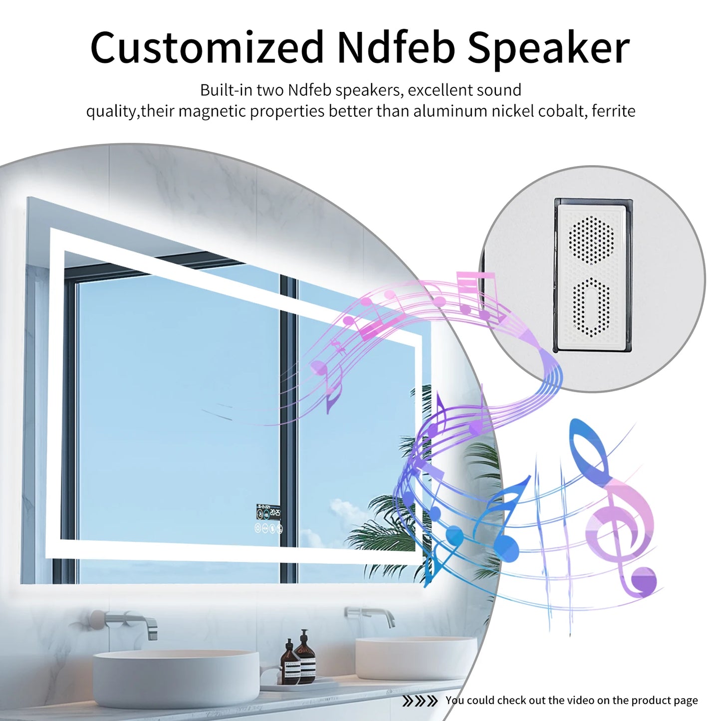 LED Bathroom Mirror with Lights, Dimmable, Smart Bluetooth Digital Display 3 Colors Memory