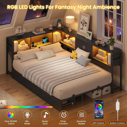 Full Corner Bed Frame w/ Storage Drawers, LED Lights, Charging Station