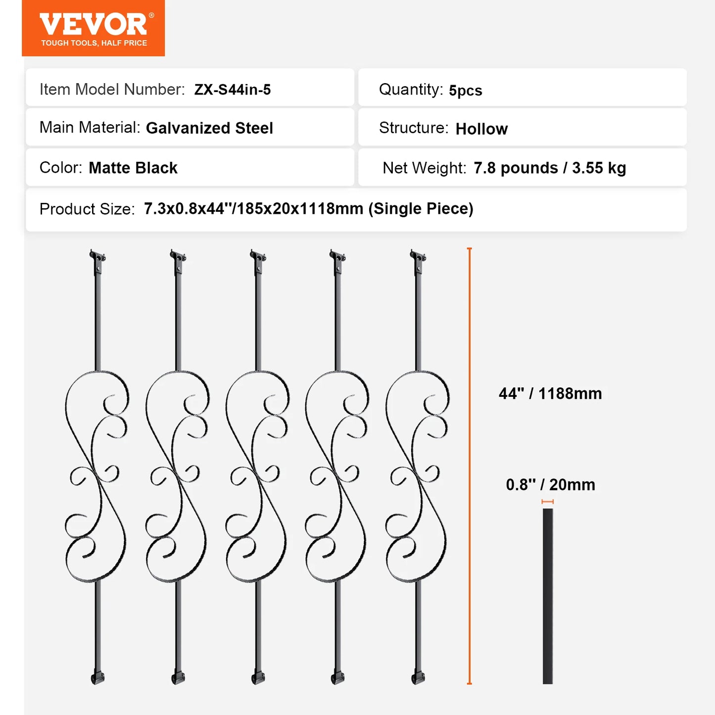 Staircase Metal Balusters- Galvanized Banister Spindles w/ Hollow Baskets Spiral