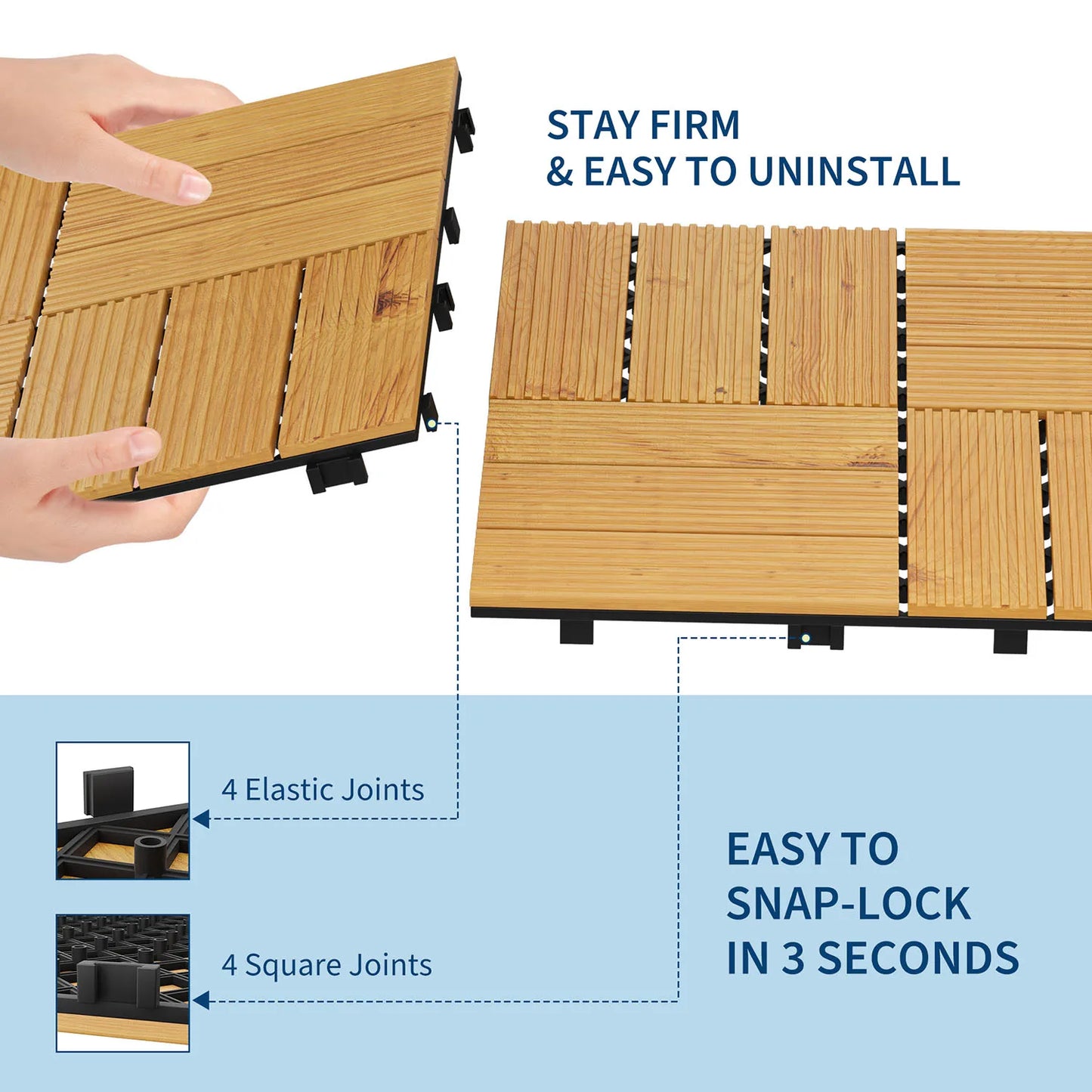 Acacia Wood Connected Deck Tiles for Patio & Outdoor 12"x12" Weatherproof Non-Slip