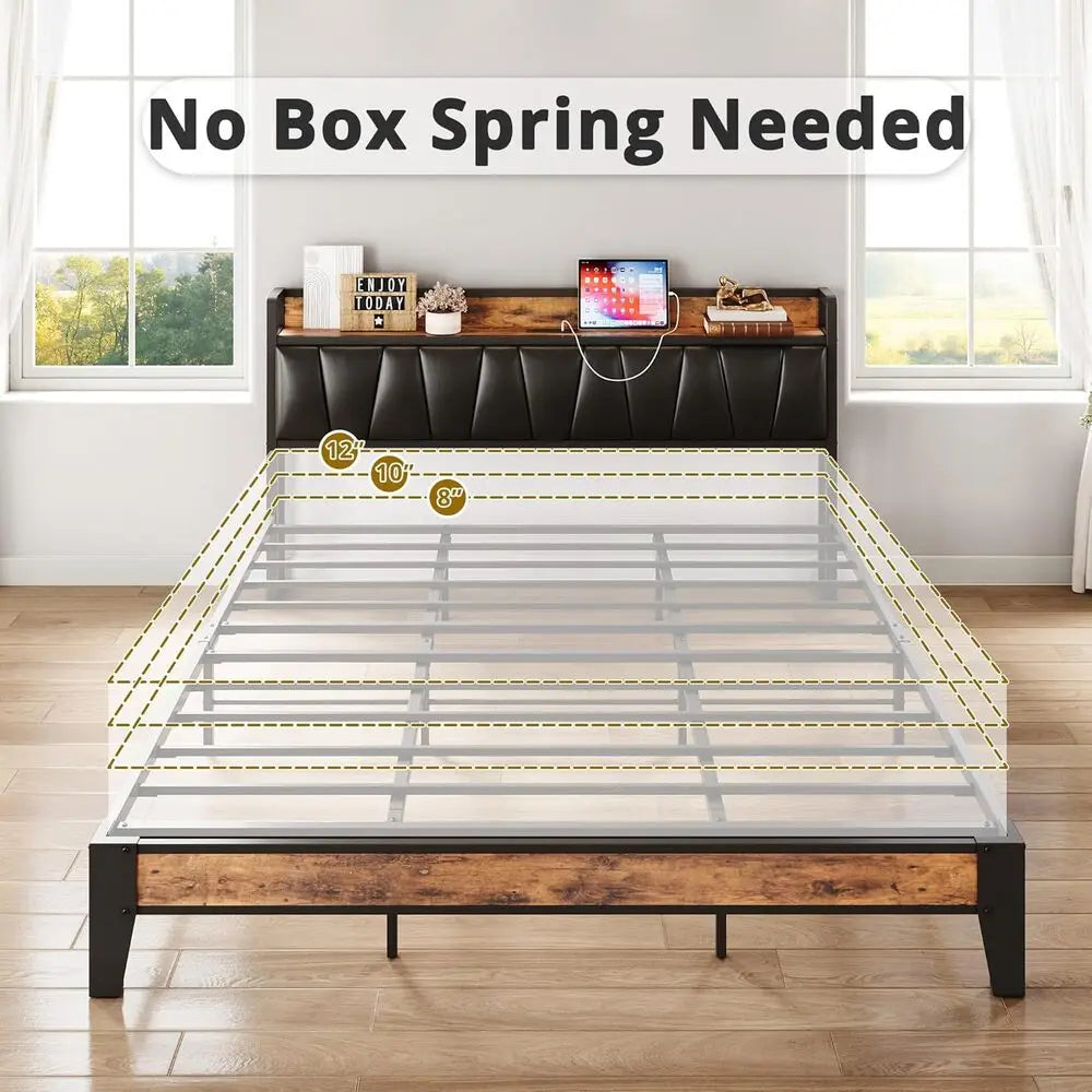 Twin XL Bed Frame, Storage Headboard with Charging Station, Easy Assembly