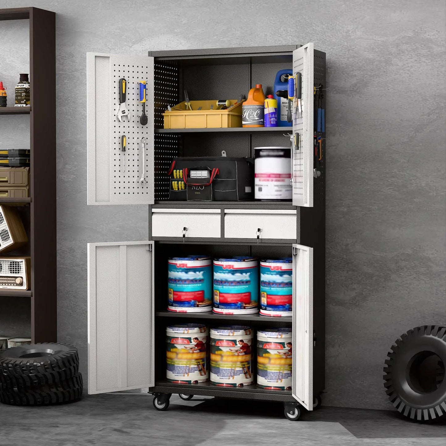 Metal Garage Storage Cabinet with Locking and Adjustable Shelves and  Wheels