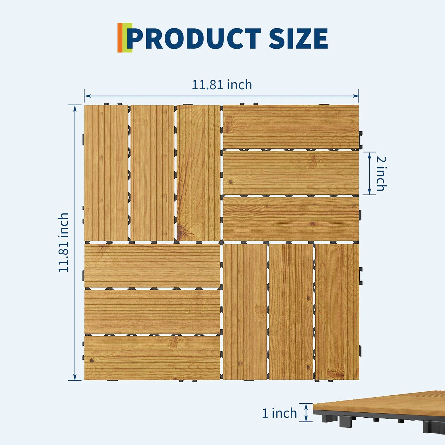 Acacia Wood Connected Deck Tiles for Patio & Outdoor 12"x12" Weatherproof Non-Slip