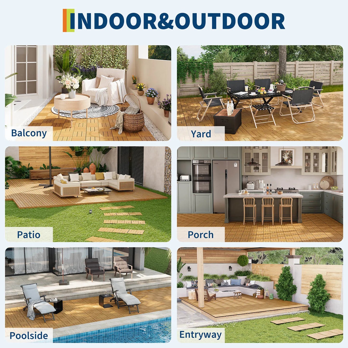 Acacia Wood Connected Deck Tiles for Patio & Outdoor 12"x12" Weatherproof Non-Slip