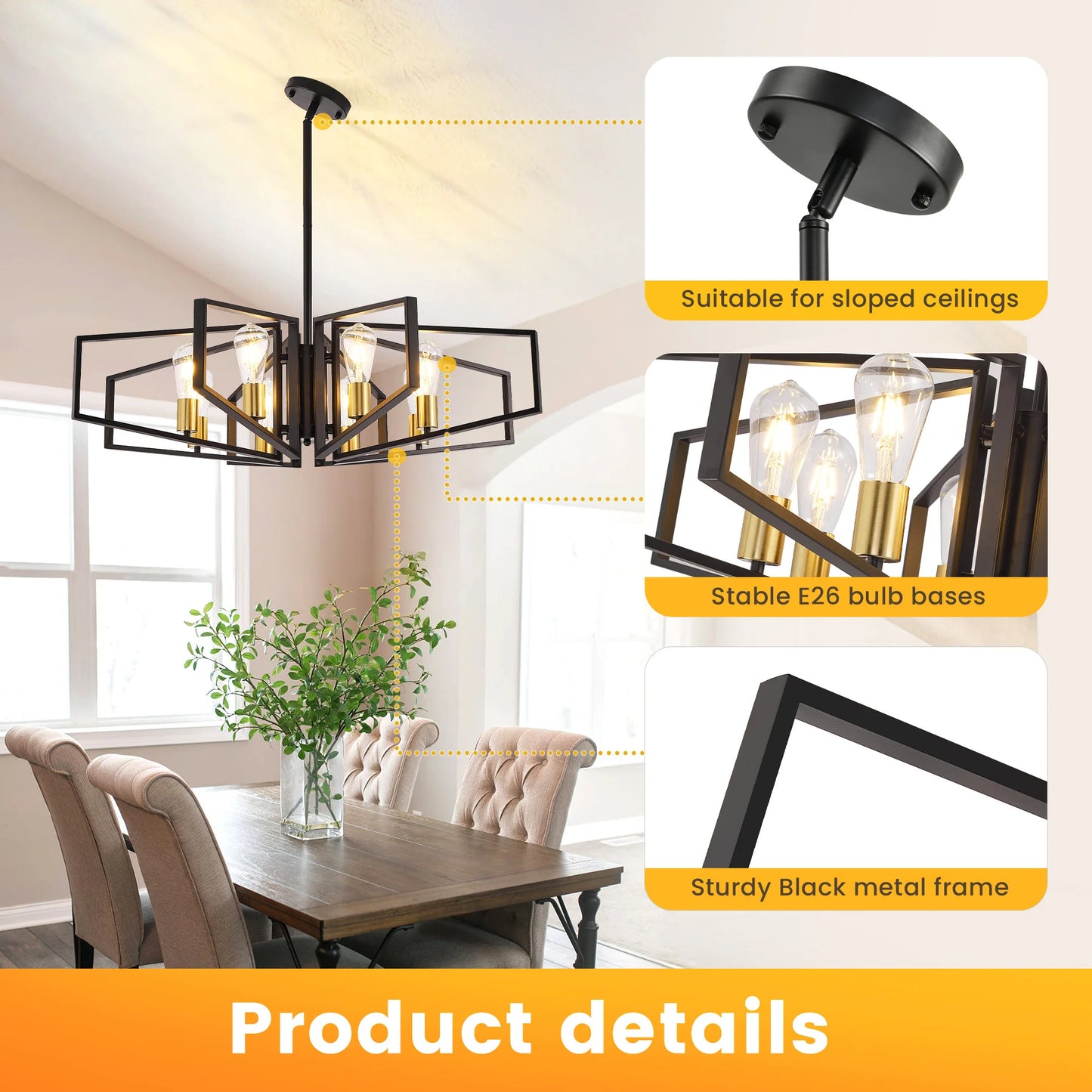 8-Light Geometric Chandelier Adjustable Height, Black Frame & Golden Accents