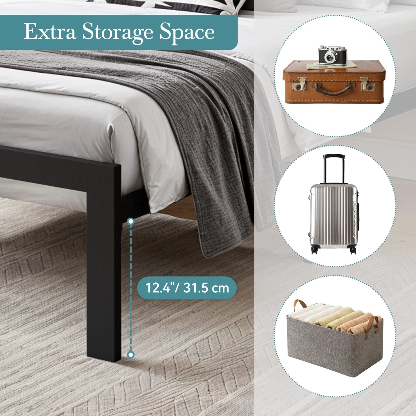 Metal Bed Frame with Upholstered Finely Stitched Headboard, No Box Spring Needed