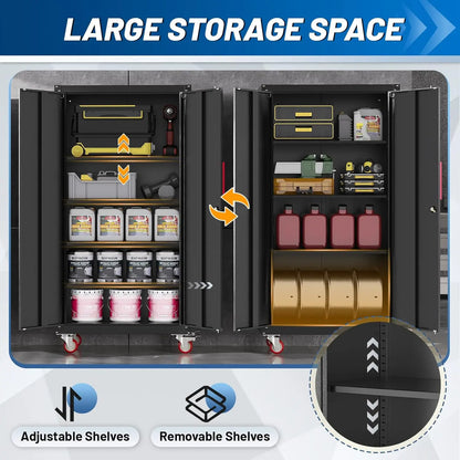 71" Black Locking Metal Storage Cabinet with Wheels, Adjustable Shelves