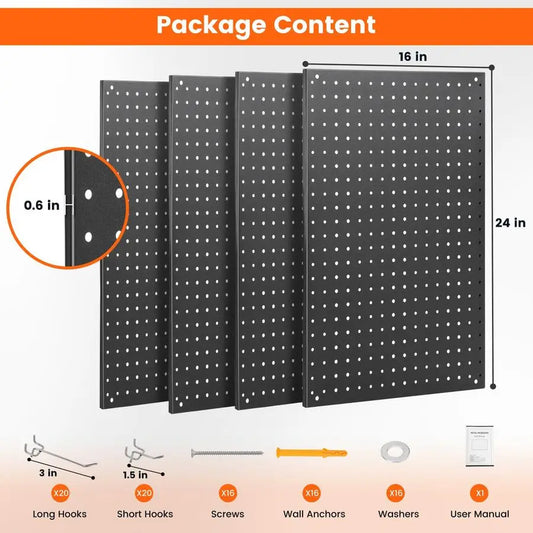 4 PCS 24x16 Metal Peg Board Panels Black w/40 Hooks, Dual Size Hole Design RED
